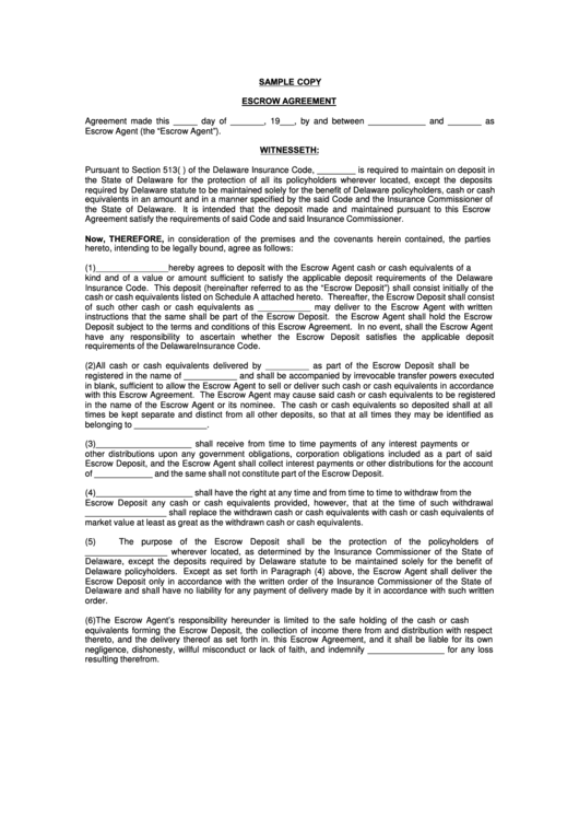 Sample Copy Escrow Agreement Printable pdf