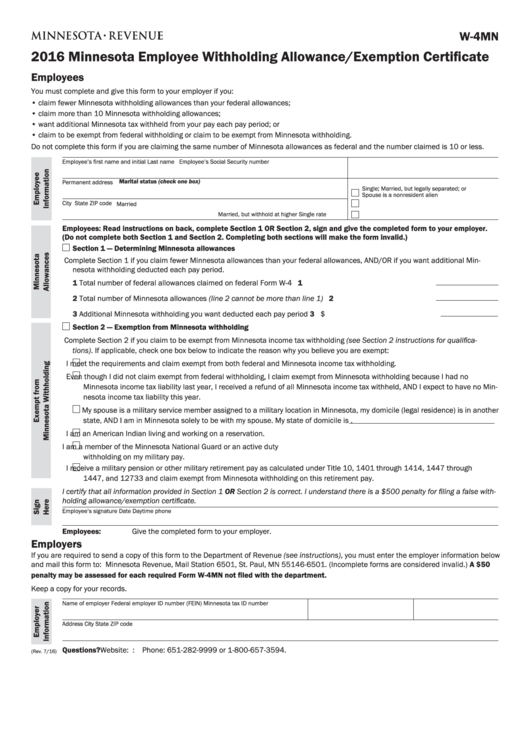 Fillable W-4mn, Minnesota Employee Withholding Form Printable pdf
