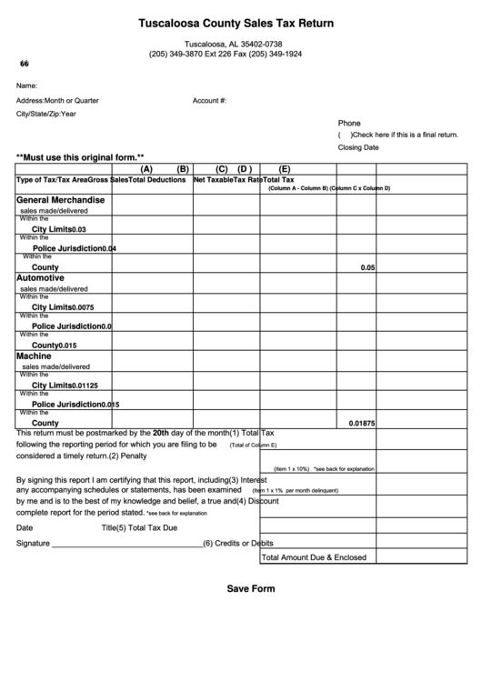 Fillable Sales Tax Return Form - Tuscaloosa County Printable pdf