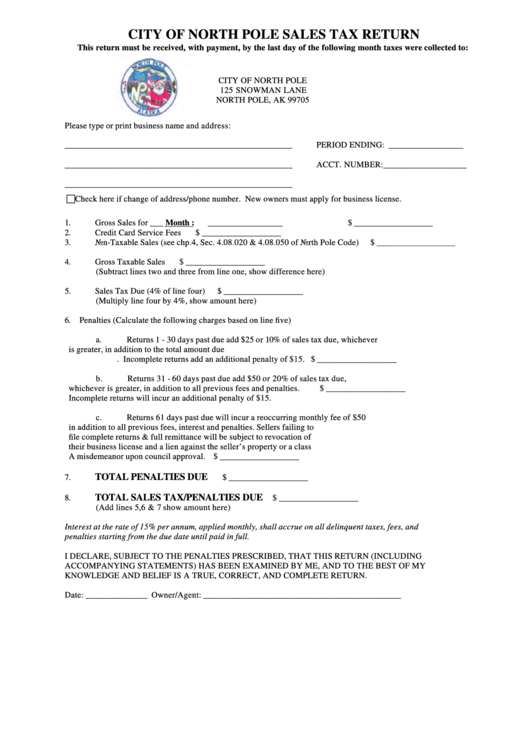 Monthly Sales Tax Reporting Form - North Pole, Alaska Printable pdf
