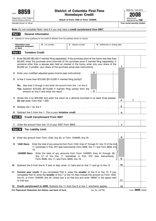 Form 8859 - District Of Columbia First-Time Homebuyer Credit Printable pdf