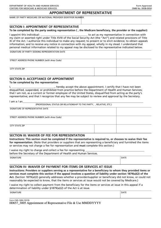 Fillable Form Cms-1696 - Appointment Of Representative Printable pdf