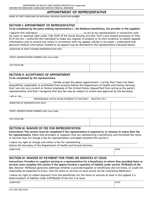 Form Cms-1696 - Appointment Of Representative Printable pdf