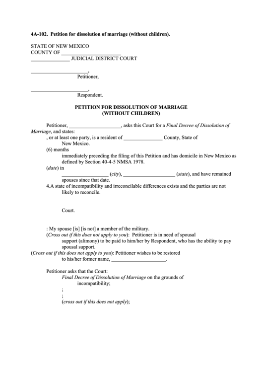 4a-102. Petition For Dissolution Of Marriage (Without Children) Printable pdf