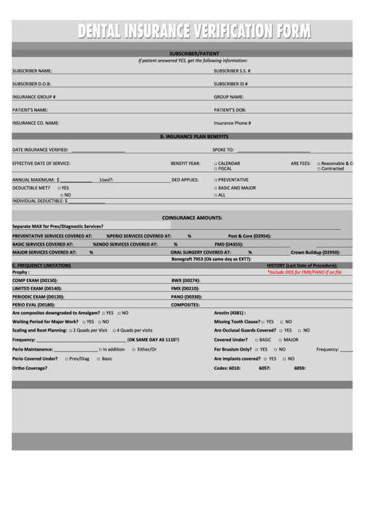 Dental Insurance Verification Form Printable pdf