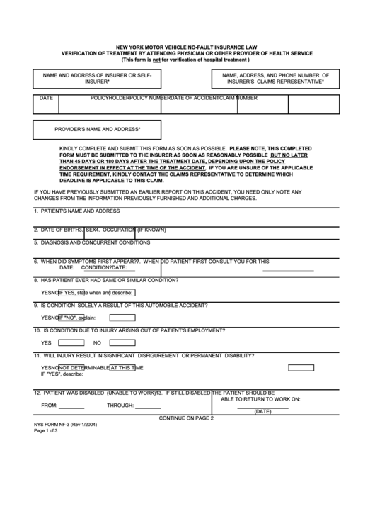Nys Form Nf-3 - Verification Of Treatment By Attending Physician Or Other Provider Of Health Service Printable pdf