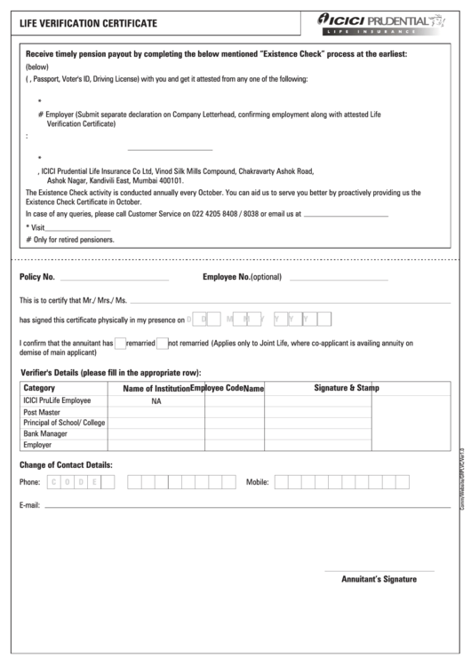 Life Verification Form Printable pdf