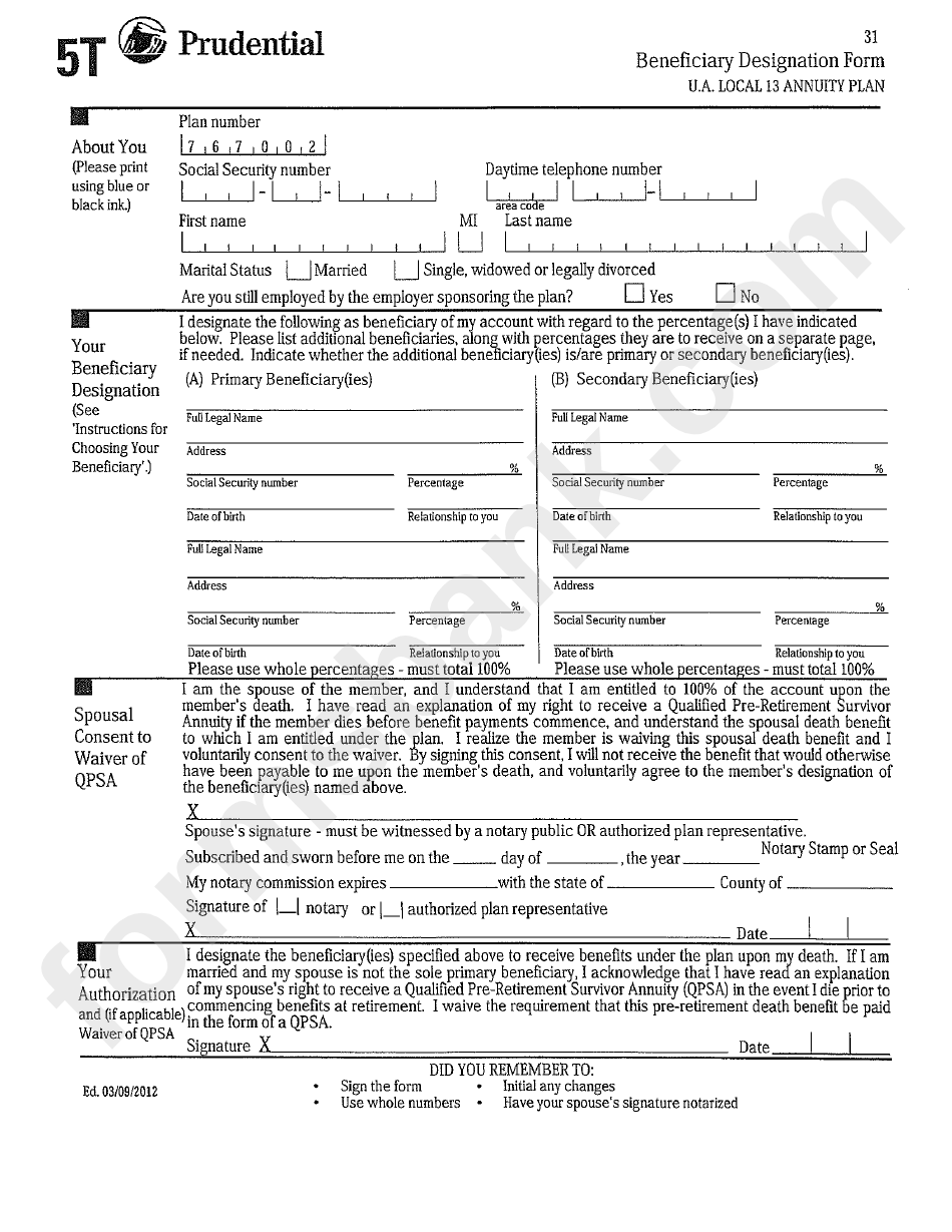 Beneficiary Form printable pdf download