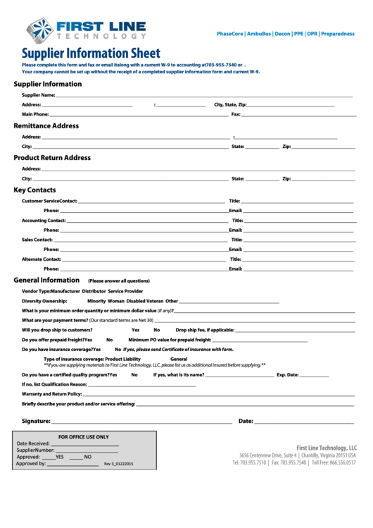 Fillable Supplier Information Sheet - First Line Technology Printable pdf