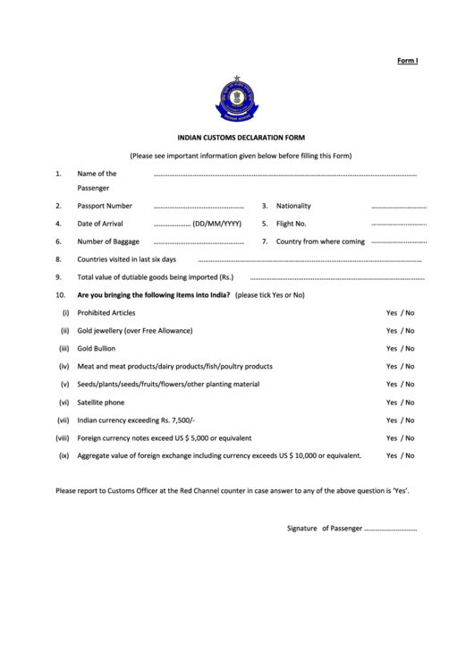 Indian Customs Declaration Form