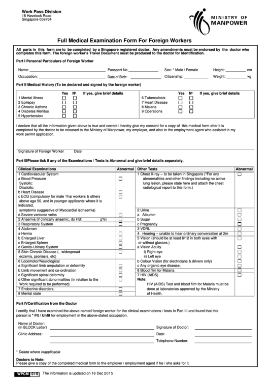 Full Medical Examination Form printable pdf download