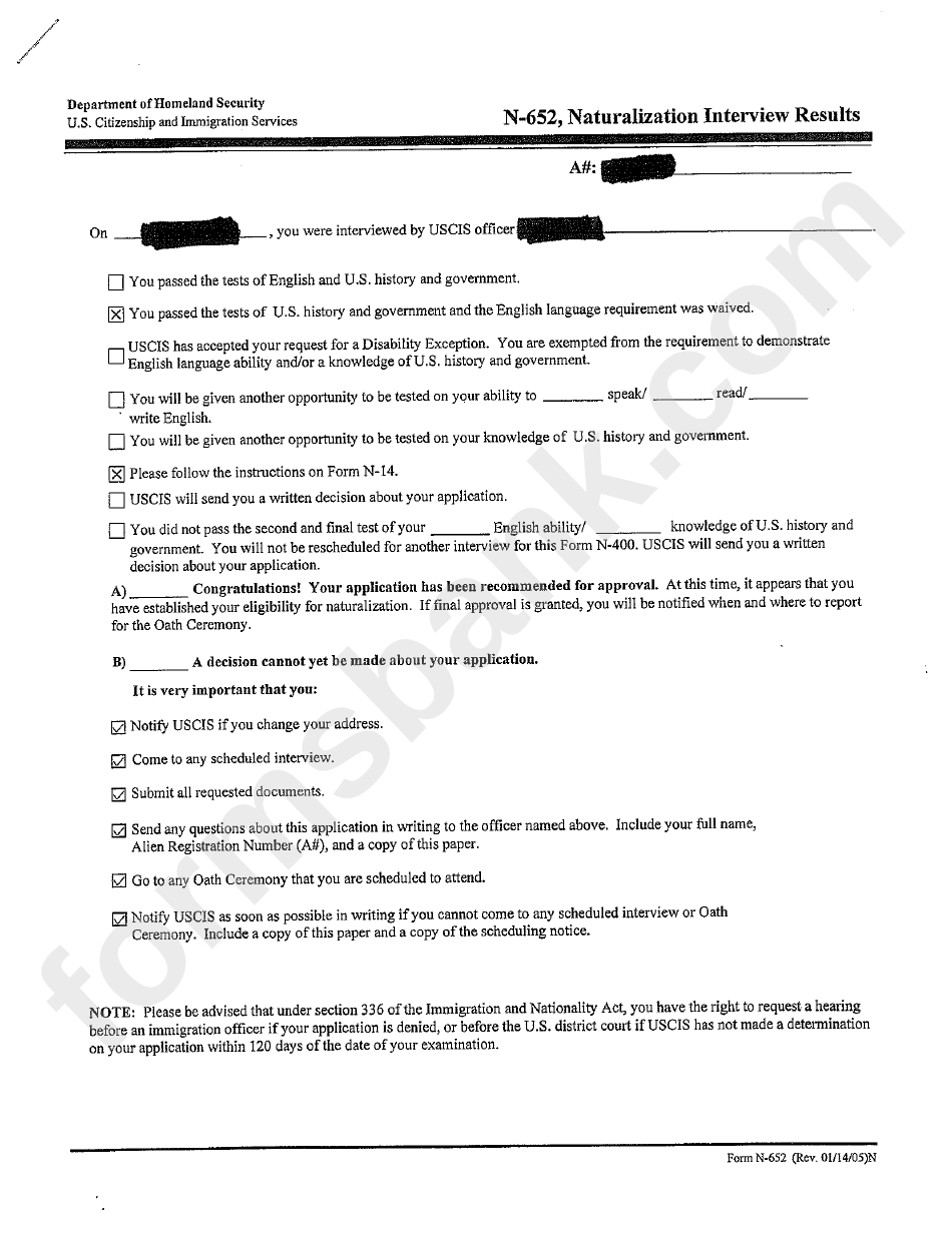Form N652, Naturalization Interview Results printable pdf download