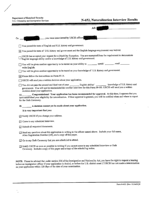 Form N-652, Naturalization Interview Results Printable pdf