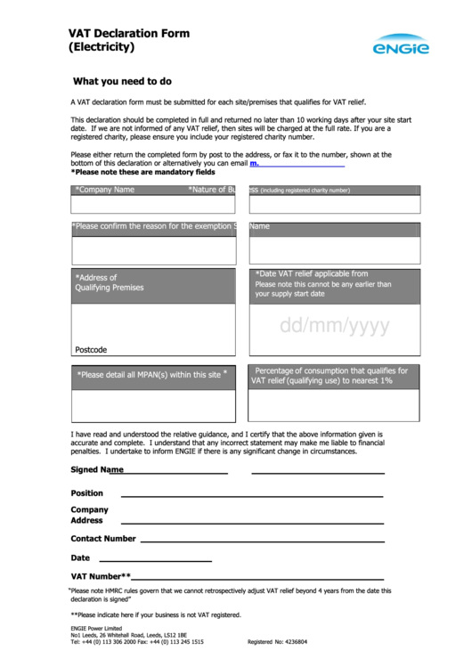 Electricity Vat Declaration Form - Engie Printable pdf