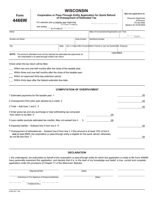 Form 4466w - Wisconsin Department Of Revenue
