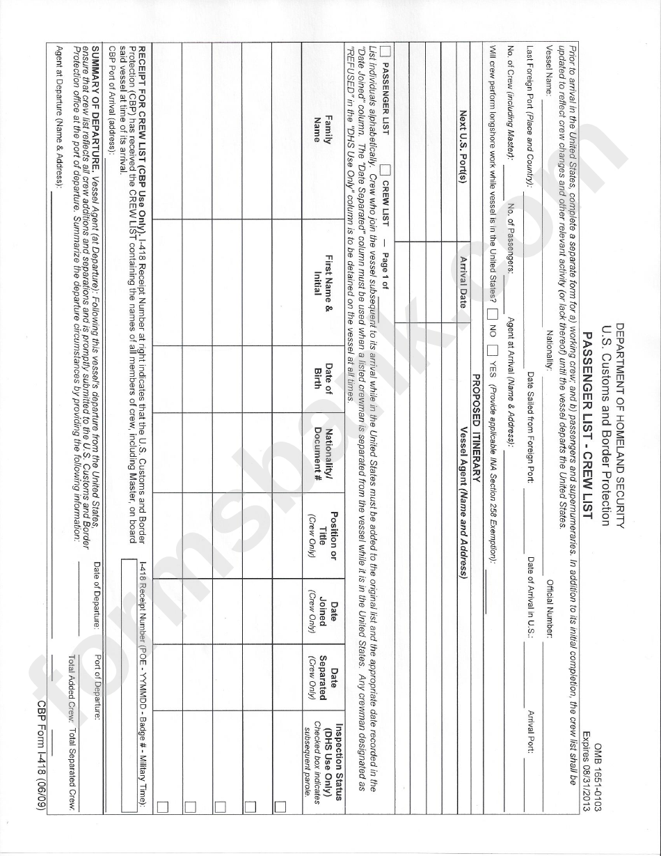 Cbp Form I 418 Passenger List Crew List Printable Pdf Download