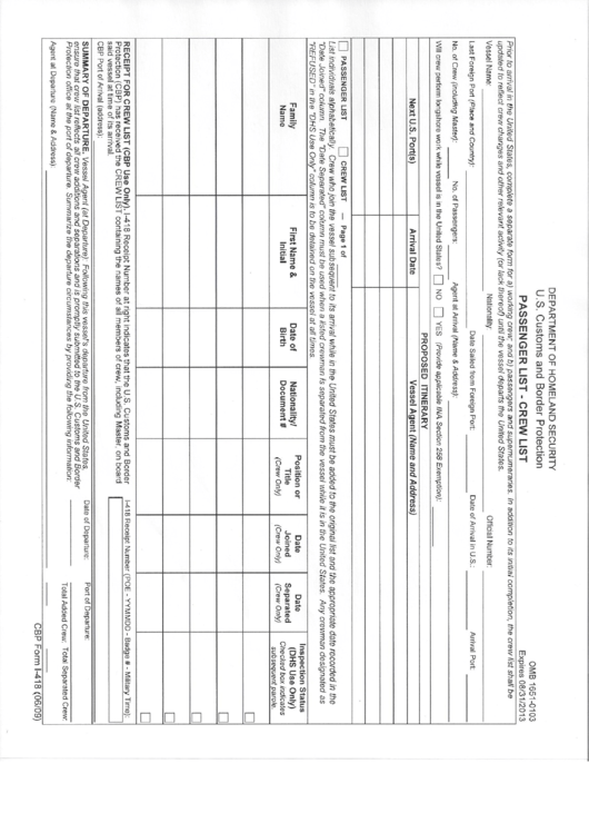 Cbp Form I-418 - Passenger List - Crew List Printable pdf