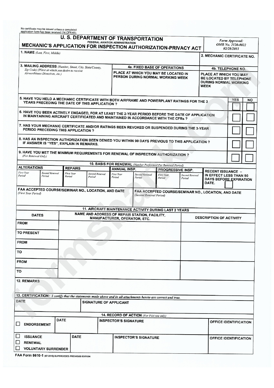 Inspection Authorization Renewal Form