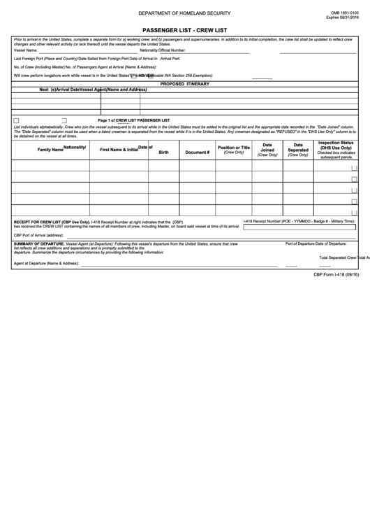 Fillable Cbp Form I 418 Us Customs And Border Protection Printable 