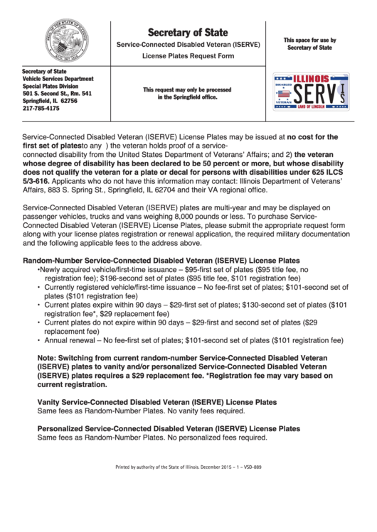 Fillable Service-Connected Disabled Veteran (Iserve) License Plates Request Form - Illinois Secretary Of State Printable pdf