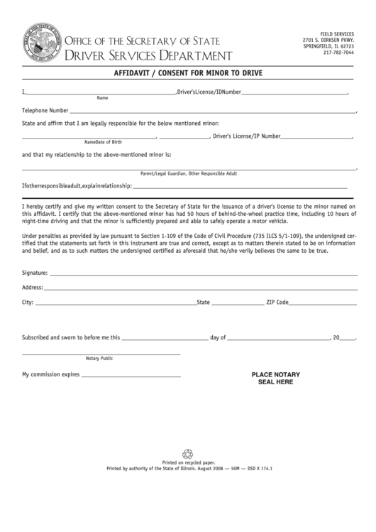 Affidavit / Consent For Minor To Drive - Illinois Secretary Of State Forms Printable pdf