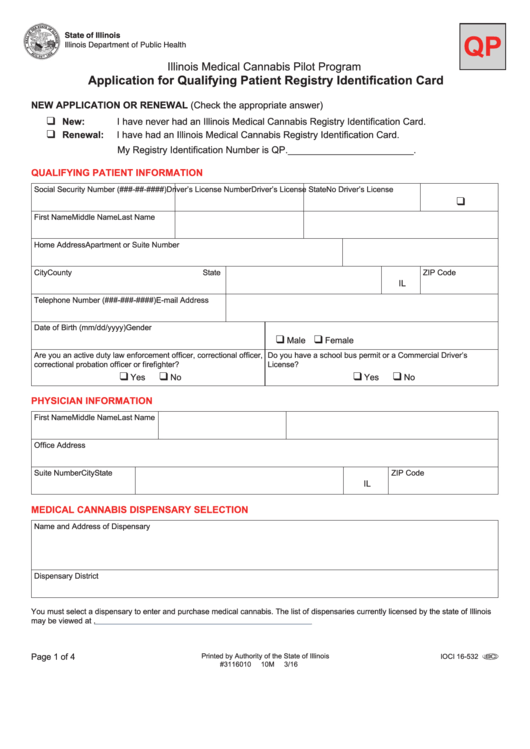 Fillable Application For Qualifying Patient Registry Identification Card Printable pdf