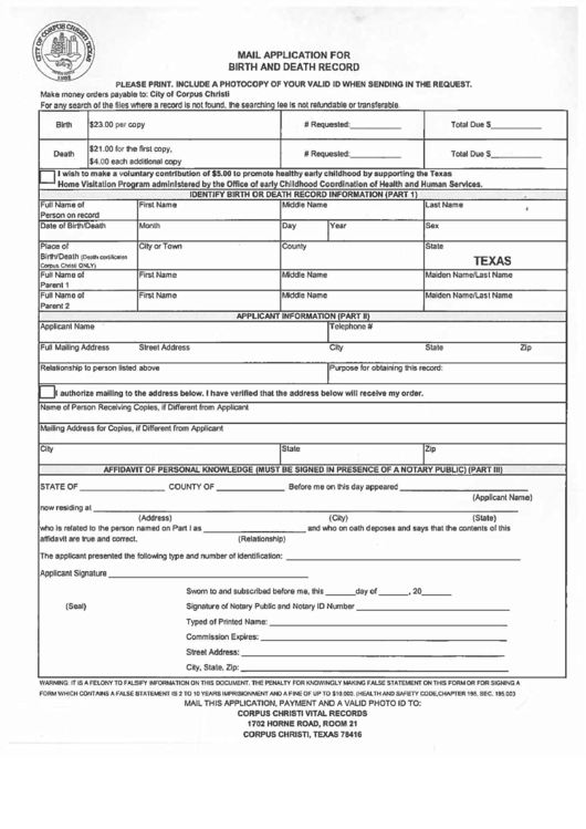 Mail Application For Birth And Death Record - City Of Corpus Christi Printable pdf