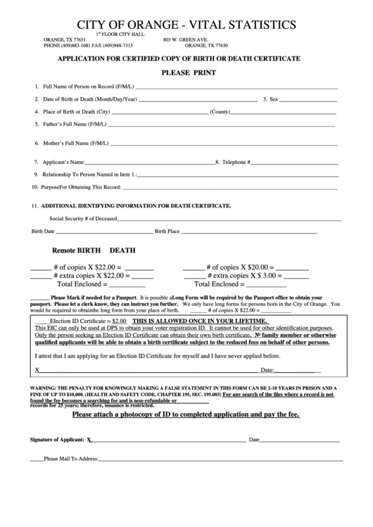 Application For Certified Copy Of Birth Or Death Certificate - City Of Orange - Vital Statistics Printable pdf