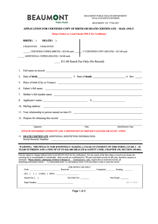 Application For Certified Copy Of Birth Or Death Certificate - Beaumont Public Health Department
