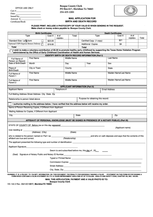 Fillable Form Vs-142.3 - Mail Application For Birth And Death Record Printable pdf
