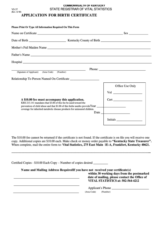 Form Vs-37 - Application For Birth Certificate Printable pdf