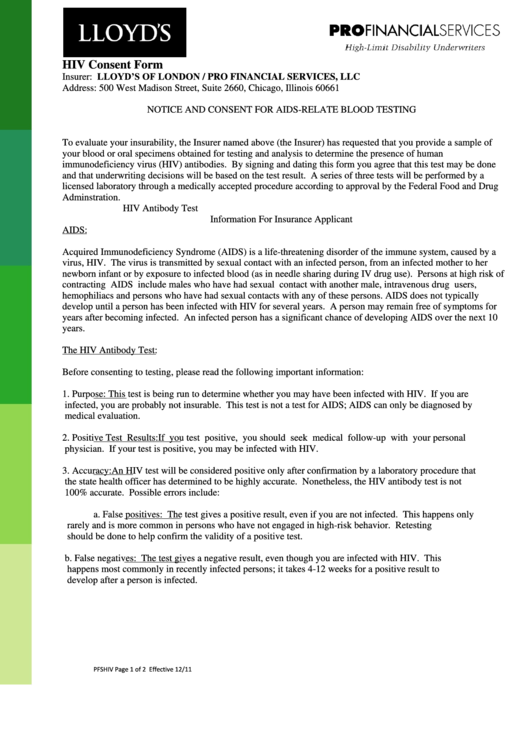 Hiv Consent Form - Pro Financial Services Printable pdf