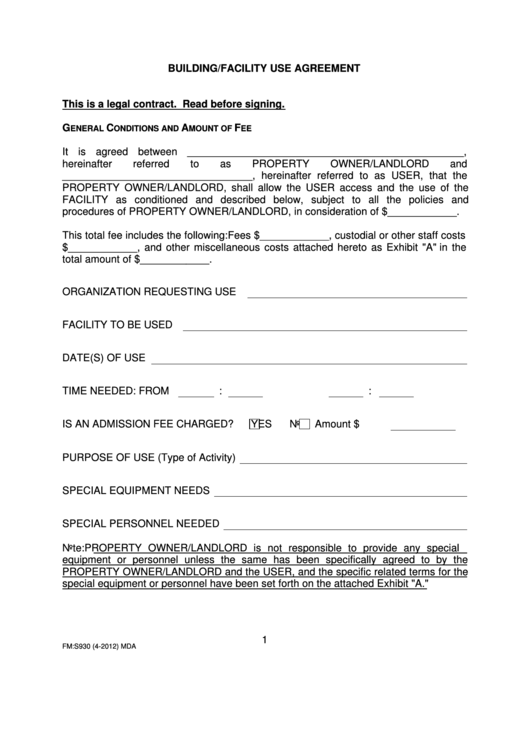 Building/facility Use Agreement Printable pdf