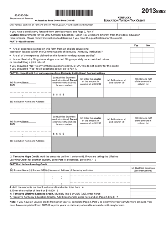 Form 8863 K Kentucky Education Tuition Tax Credit 2013 Printable 