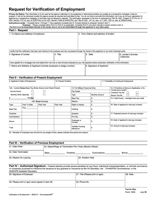 Request For Verification Of Employment Form