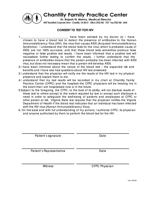 Consent Form For Hiv Test - Chantilly Family Practice Center Printable pdf