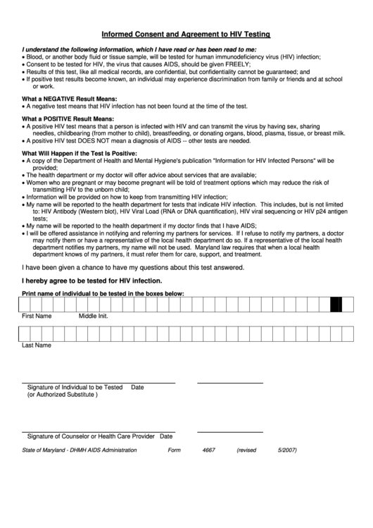 Informed Consent And Agreement To Hiv Testing Printable pdf