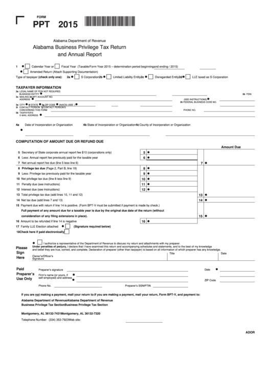Form Ppt - Alabama Business Privilege Tax Return And Annual Report - 2015 Printable pdf