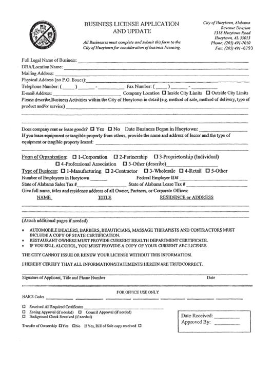 Business License Application Printable pdf