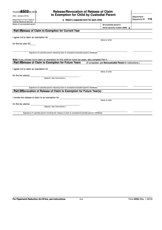 Form 8332, 2010 - Release/revocation Of Release Of Claim To Exemption For Child By Custodial Parent Form Printable pdf
