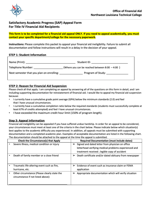Financial Aid Appeal Form - Northwest Louisiana Technical College Printable pdf