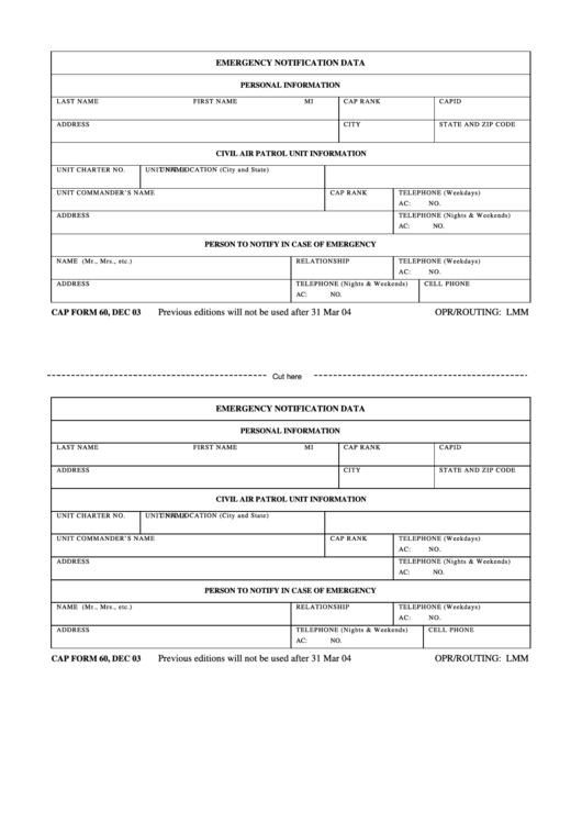 Cap Form 60 - Emergency Notification Data Printable pdf