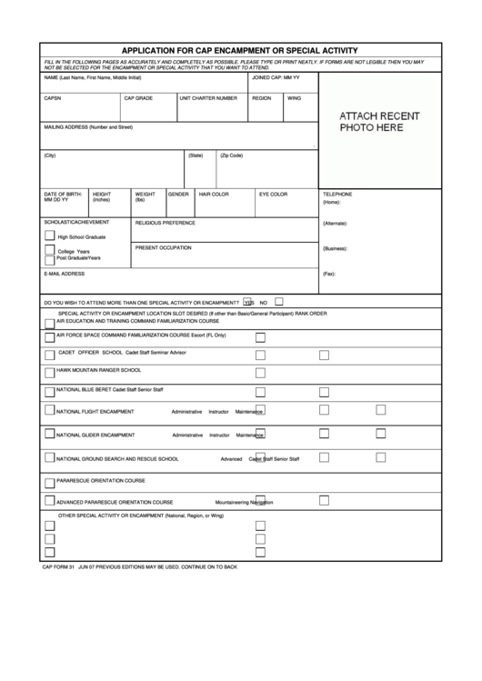 Cap Form 31 - Application For Cap Encampment Or Special Activity Printable pdf
