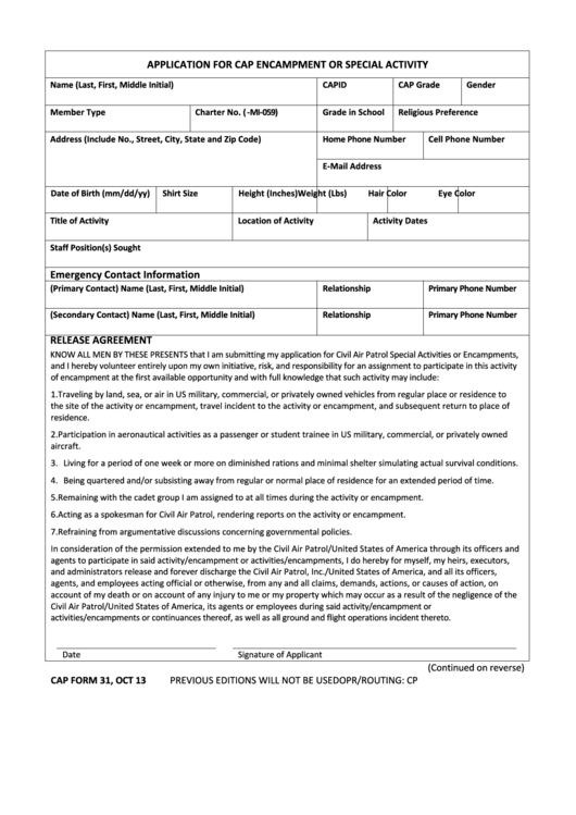 Fillable Cap Form 31 - Application For Cap Encampment Or Special Activity Printable pdf