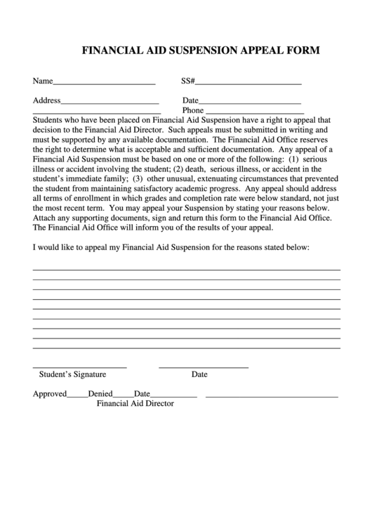 Financial Aid Suspension Appeal Form Printable pdf