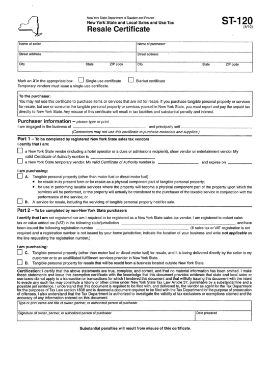 Nys Resale Certificate St-120 Printable pdf