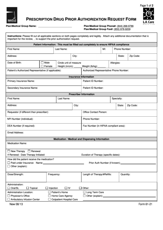 Form 61-211 - Prior Authorization Request Form
