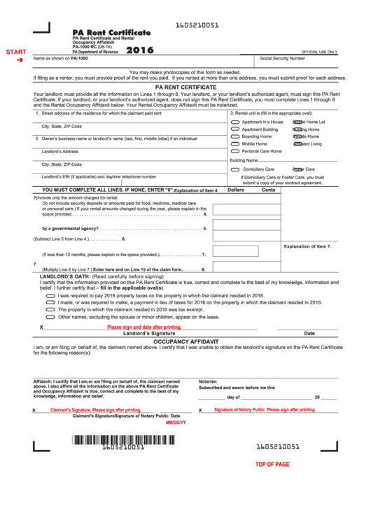 Fillable Pa Rent Certificate Template - 2016 Printable pdf