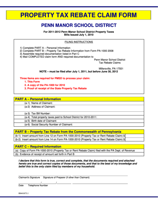 2010 Tax Rebate Application - Penn Manor School District Printable pdf