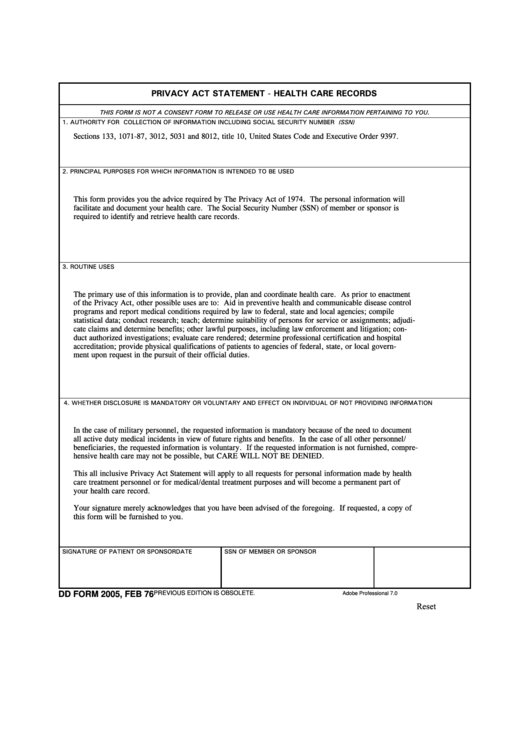 Fillable Dd Form 2005 - Privacy Act Statement - Health Care Records Printable pdf